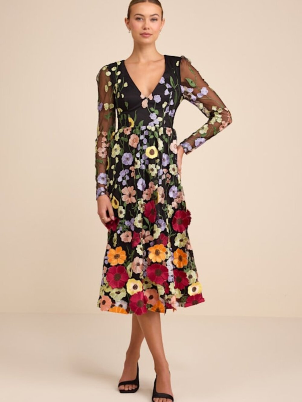 Lulus Impressive Blossom Black 3d Floral Embroidered Midi Dress - Size M